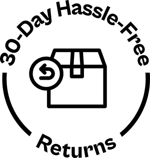 Icon of a box with a return arrow and '30-Day Hassle-Free Returns' text on a transparent background