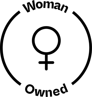 Logo with female symbol and 'Woman Owned' text on a transparent background
